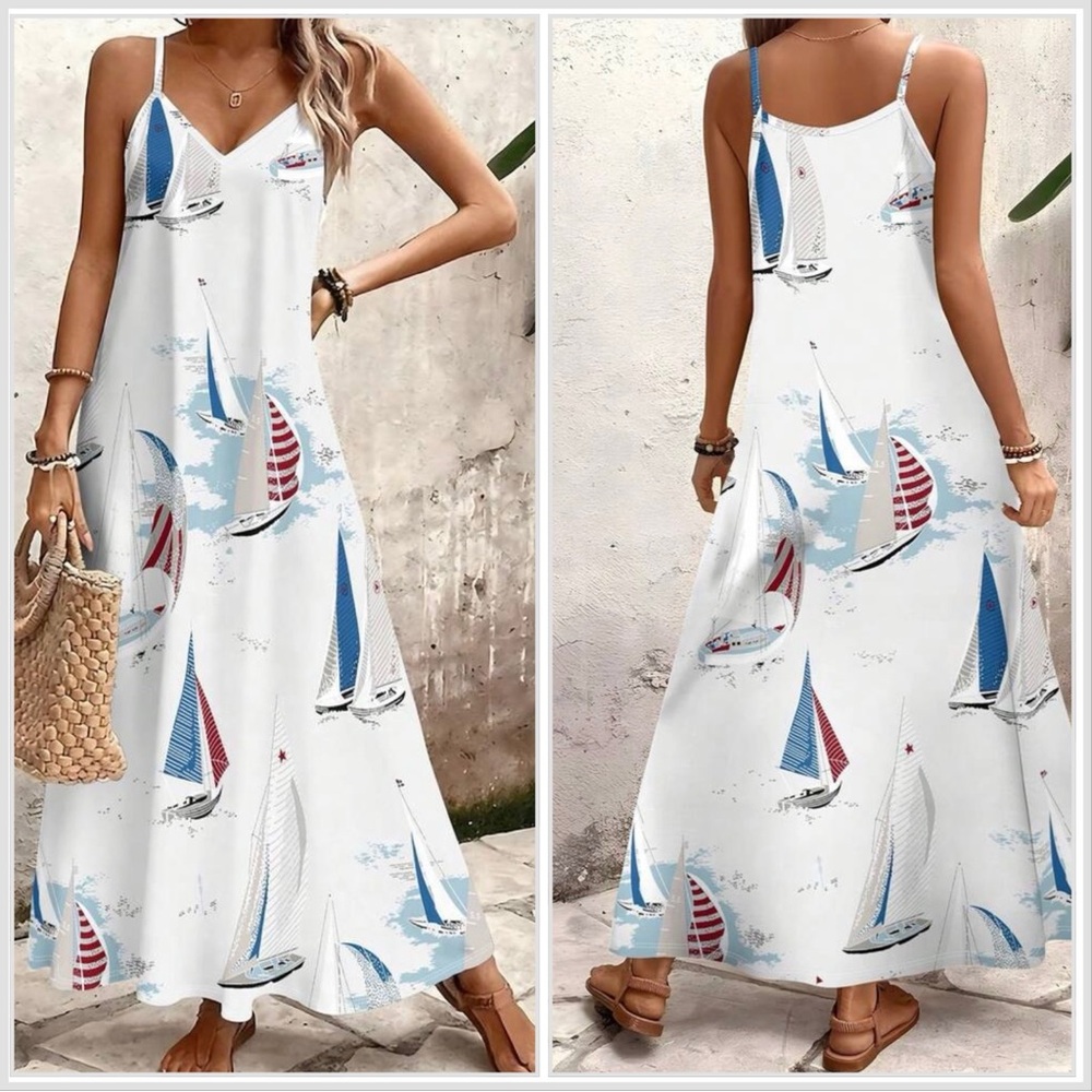 Sailboat Print White Maxi Slip Dress